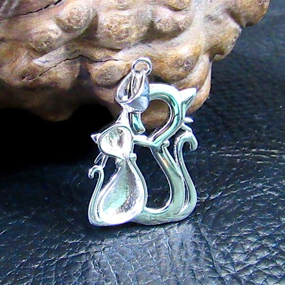 Solid 925 Sterling Silver and Lab Created Blue or White Opal Twin Cats Pendant - Picture 5 of 10